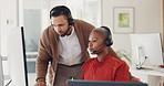 Call center, customer service and man training black woman in office. Coaching, learning and teamwork of telemarketing consultants, sales agents and male helping female intern with computer software.