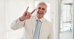 Senior businessman, rock hand sign and happy for business success, ceo motivation and leadership hands in office. Elderly manager, company support and achievement celebration or rocker boss happiness