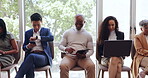 Recruitment hiring, waiting room and business people in office. Job interview, human resources and group of men and women with technology sitting in line waiting for employment in company workplace