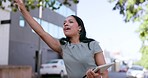 Woman, phone and wave taxi outdoor for business travel to Miami, uber communication and comuting to work. Black woman, metro car and 5g networking in city street for traveling with transportation app