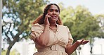 Phone call, communication and black woman talking in city, chatting or speaking. Question, business and female on 5g mobile smartphone networking, discussion or conversation with contact in town.