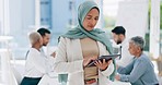 Muslim woman, tablet and happy portrait in office for creative project, designer leader and digital networking for business meeting. Islamic leadership, hijab and tech management for team creativity