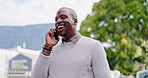 Phone call, communication and black man walking in city, chatting or speaking. Travel, cellphone and happy businessman on 5g mobile smartphone talking to contact networking or discussion outdoors.