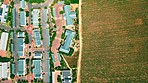 Farm, industrial and top view of an earth landscape for sustainable, agriculture and natural growth. Buildings, plants and drone view of crops in a eco friendly, sustainability and agro environment.