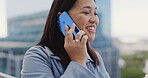 Business woman, phone call and coffee in city, talking or chatting. Face, cellphone and female employee from Singapore drinking tea while speaking or networking with contact on 5g mobile smartphone.