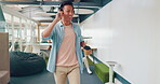 Businessman, dancing headphones or walking in modern office, coworking space or teamwork marketing company with freedom energy. Smile, happy or music dance for worker or creative designer with coffee