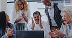 Laptop applause or business people happy with success or winning digital marketing business deal. CEO, senior manager and excited employees meeting for good news, kpi goals or sales target in office