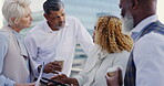 Business people, collaboration and discussion with diversity and tablet, folder and paperwork for project management. Conversation, leadership and senior executive on rooftop with business meeting.