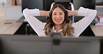 Face, business and woman achievement, goal and target for corporate deal, marketing and typing in modern office. Portrait, female consultant and entrepreneur with smile, confidence and advertising.