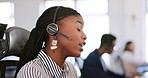 Black woman, telemarketing and talking on customer support, contact us employee and customer service communication in office. African woman, crm company consultant and online conversation on headset