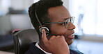 Black man, call center and telemarketing communication in office for customer service on internet. Crm expert, customer support consultant or talking on digital headset for help, advice or contact us