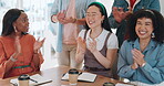 Success, applause or people in a meeting or presentation celebrate team goals, target or kpi sales performance. Community, diversity or happy crowd of employees clapping to support business growth 