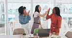 Success, high five and winner with business people at laptop cheering for celebration, support or goal. Team building, wow and growth with employees in workshop for achievement, deal and sales target