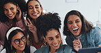 Happy, phone or employees take a group selfie at work on lunch break for team building in an office room. Smile, teamwork or excited marketing team take pictures for social media at a startup company