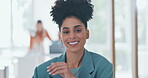 Face, black woman or worker in office building working on hr administration with a happy smile at office desk. Portrait, focus or African employee writing a mission, mission or goals for success