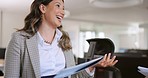 Business woman, discussion and leadership with paperwork in business meeting, communication and happy in company. Company documents, speaker excited at office, talking with success and vision.