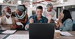 Business, man with laptop and team celebrate, applause for partnership and collaboration in modern office. Staff, ceo and employee with digital target, company deal and corporate goal for teamwork.