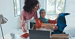 Muslim, clothes or happy woman with delivery from ecommerce purchase on an online retail fashion boutique. Islamic, wow or excited worker showing an employee cool clothing products on sale discount 