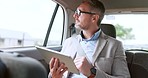 Car, tablet and business man thinking, corporate leader and online research. Male entrepreneur, ceo travelling and in vehicle search internet, reading on website and commute to office and typing idea