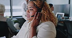 Crm, call center or black woman consulting via microphone talking, communication or helping online clients at help desk. Contact us, customer services or telemarketing sales agent in conversation