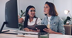 Tablet, computer or manager coaching an employee in digital marketing, copywriting or email marketing. Leadership, mentorship or women talking or speaking of an online SEO strategy or content ideas 