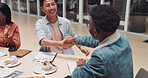 Success, handshake or black man happy with meeting sales target, kpi goals achievement or winning a bonus. High five, winner or group of employees in celebration of a business deal or job promotion