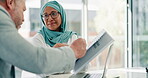 Leadership, CEO or business people with documents in a meeting planning, talking or speaking of data analytics. Financial, Islamic or senior Muslim woman with paperwork in conversation with manager 