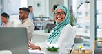 Face, business and Islamic woman in office, typing and marketing employee with smile, corporate and focus. Muslim female, lady and laptop for online planning, digital schedule or advertising campaign