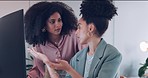 Computer, black woman or manager coaching, training or helping an employee with mentorship at office desk. Leadership, collaboration or worker with a question talking or speaking of digital marketing