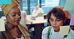 Sticky notes, planning and team writing on a board while analyzing research for a creative project. Collaboration, teamwork and female marketing employees working on advertising strategy in an office