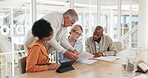 Diversity, business meeting and training collaboration for b2b presentation, company teamwork or planning strategy in office boardroom. Marketing workshop, employee discussion and interracial team