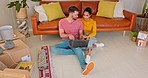 Couple, laptop and planning for furniture in new home, online shopping or house decor together. Happy man and woman with smile on computer for real estate, investment or browsing renovation make over