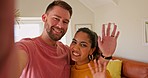 Happy interracial couple, video call and holiday house with smile, happiness and communication on web app. Influencer  man, woman and selfie blog post for live chat with internet audience on vacation