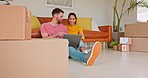 Happy couple, laptop and planning for furniture in new home, online shopping or house decor together. Man and woman with smile on computer for real estate, investment or browsing renovation make over