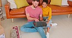 Couple, laptop and planning for moving in new home, online shopping or house decor together. Happy man and woman with smile on computer for real estate, investment or browsing renovation make over