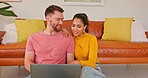 Couple, laptop and smile for new home, online shopping or research for decor ideas at home. Portrait of happy man and woman smiling by sofa in living room planning future decision or idea on computer