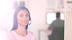 Call center, crm and woman in India at customer service agency on phone call in advisory office. Happy to help, contact us and sales consultant for support and telemarketing agent in communication.