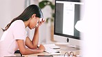 Stress, burnout and business woman in her office planning a  corporate report with a deadline. Overworked, frustrated and tired professional female employee working on a difficult project on computer