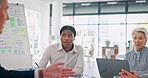 CEO, teamwork and businessman in a meeting with team and brainstorming company growth strategy. Briefing, corporate and leader or manager discussion or talking to worker and employees for information