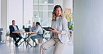 Business woman, tablet and thinking for schedule, planning or research at a modern office. Female employee looking out window wondering with touchscreen for corporate strategy or task management