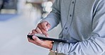 Hands, portrait and businessman on tablet in office, agency and startup company. Face of happy employee working on digital technology for data analysis, online management and planning of productivity