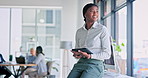 Thinking, tablet and innovation with a business black woman sitting by a window in her office at work. Idea, internet and research with a female employee working on wireless technology for a search