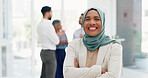Face of a muslim business woman in hijab, proud for company values, mission and inclusion culture in office. Workplace, corporate and happy islamic employee or worker with vision, goals and laughing