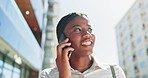 Business, phone call and black woman in city, walking and connection for communication, urban and planning. Mobile, African American female agent and employee with cellphone, outdoor and conversation