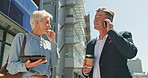 Business people, tablet and phone for communication in the city for planning or discussion outside building, Senior man and woman executives talking on smartphone and touchscreen for strategy in town