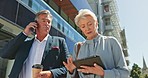 Senior, business people and planning before a meeting while walking in a city with digital tablet, phone call and briefing. Partners, elderly and team coworking on strategy, brainstorm and advice 