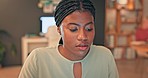Office laptop, typing or African woman review social network feedback, customer experience or e commerce website. Brand monitoring info, research report or media worker analysis of online survey data