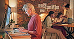 Computer, data and senior woman typing feedback review of social media, customer experience or ecommerce analytics. Website infographic, coworking office and manager analysis of online survey results