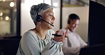 Senior call center employee, woman and phone call, CRM and face, contact us and talking with client and pen. Customer service, telemarketing or tech support, communication and consultant with headset