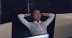 Relax, office and Asian businessman on computer done with project, business proposal and online documents . Corporate workplace, success and male employee on break, resting and calm from working